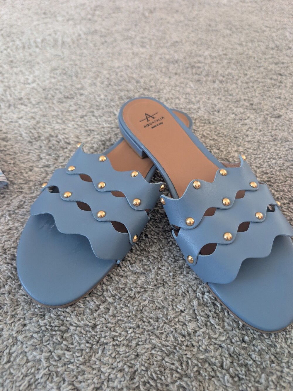 Aquatalia Italy Blue Studded Slide Sandals Women's Size 10.5 Luxury Leather